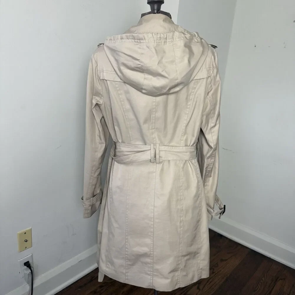 Cole Haan Hooded Trench Coat Beige Double Breasted Belted Medium